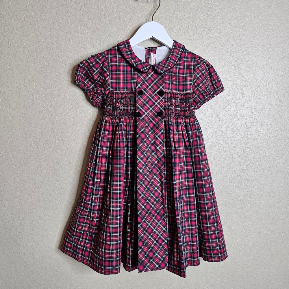 La Coqueta Girls Holiday Red Tartan Plaid Smocked Dress Peter Pan Collar 5